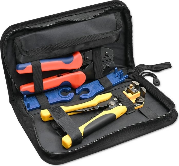 Set veglash Qoltec 52610 për panele solare, krimpuese + zhveshëse automatike, me çantë