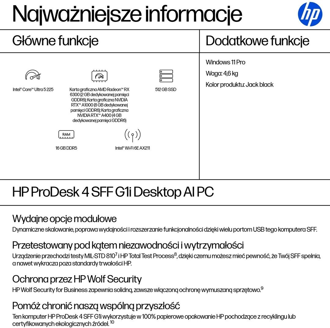 Kasë kompjuteri HP ProDesk 4 SFF G1i AI PC, Intel Core Ultra 5 225, 16 GB RAM, 512 GB SSD, Windows 11 Pro, e zezë