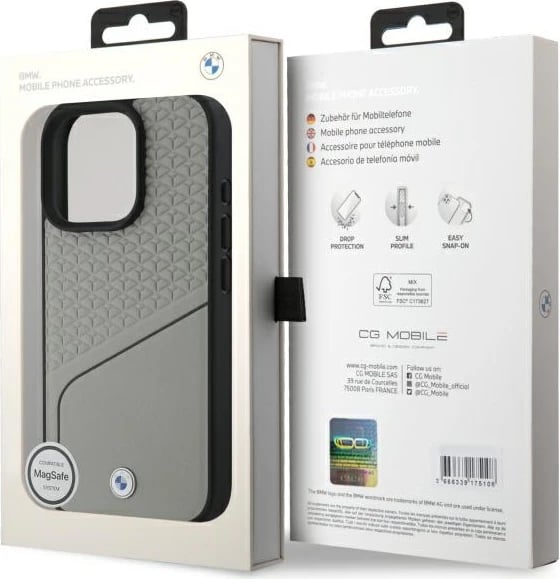 Mbështjellës BMW Sign Leather Textured And Line MagSafe për iPhone 16 Pro Max, Gri