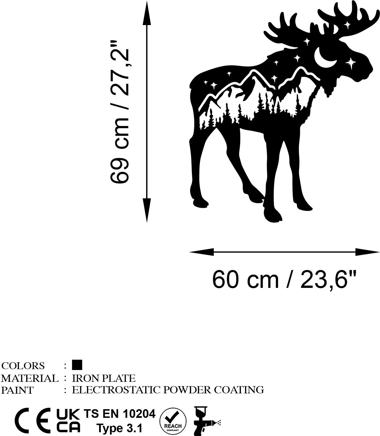 Aksesor dekorativ metalik për mur, Wallity, Cervo-1, ngjyrë e zezë, 60x69cm