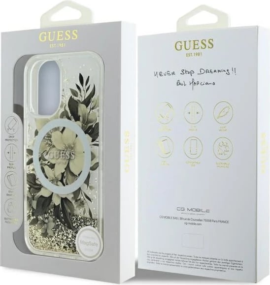 Mbështjellës Guess Liquid Glitter Flower MagSafe për iPhone 16, Bezhe