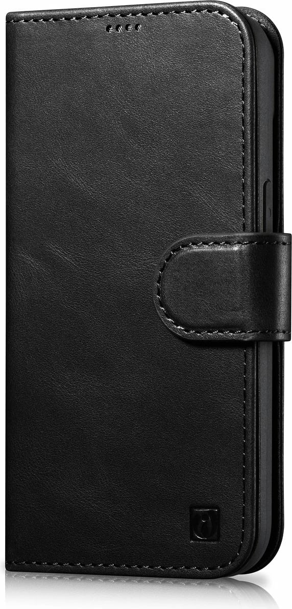 Mbështjellës iCarer Oil Wax Wallet Case 2in1 për iPhone 14, lëkurë natyrale, Anti-RFID, e zezë