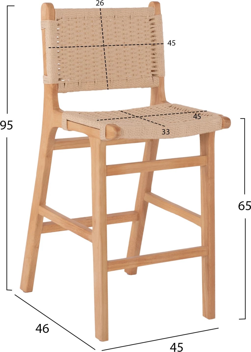 Karrige për bar, lartësi mesatare, FH9332.01, dru gome & litar, ngjyrë natyrale, 45x46x95H cm