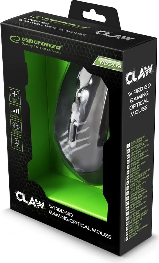 Maus gaming Esperanza CLAW EGM209G, me tela, 2400 DPI, i zi me të gjelbër Maus gaming Esperanza CLAW EGM209G, me tela, 2400 DPI, i zi me të gjelbër