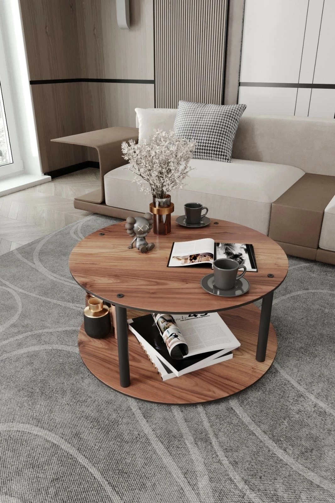 Tavolinë kafeje Skye Decor, masive, e rrumbullakët, ngjyrë arre