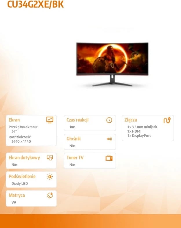 Monitor i lakuar AOC CU34G2XE, 34 inç, VA, 3440x1440, 144Hz, E zezë