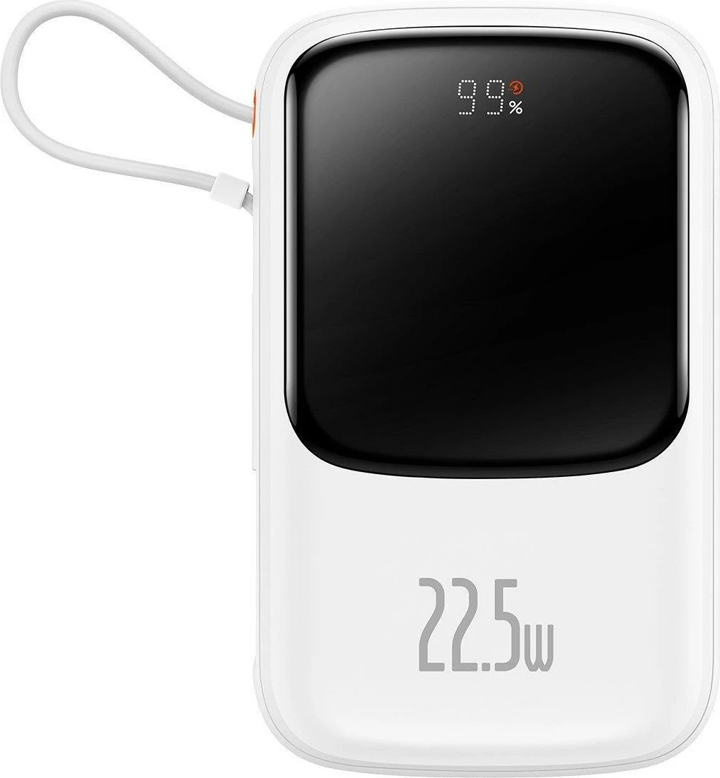 Powerbank Baseus Qpow Digital Display 10000mAh, 22.5W, me kabllo USB-C të integruar, Bardhë