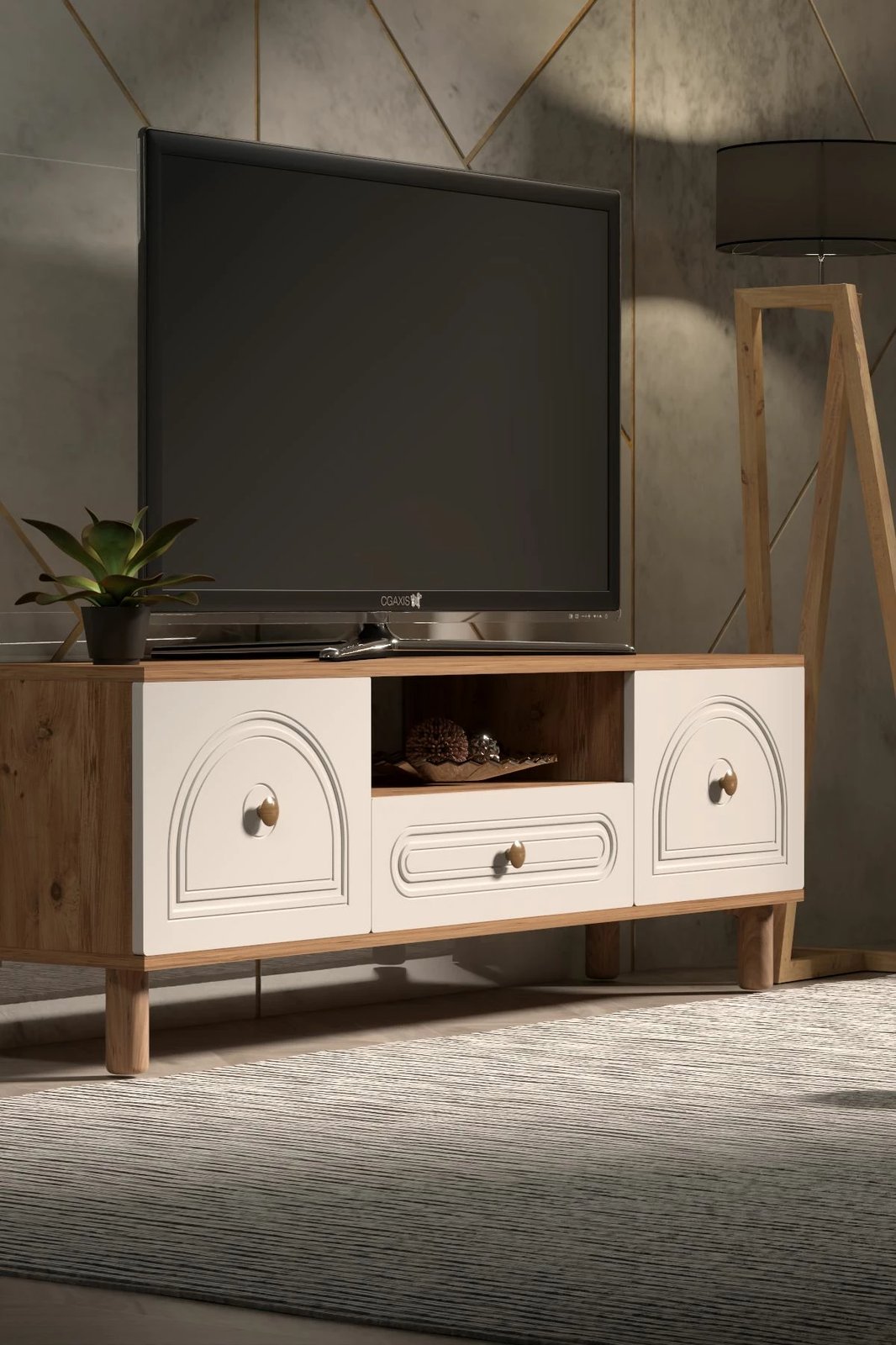 Komodë TV Skye Decor, Mavora 180, ngjyrë pishë Atlantike dhe e bardhë