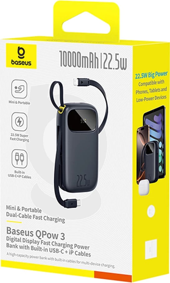 Powerbank Baseus EnerFill FC31, 10000mAh, 22.5W, me ekran digjital, 2 kabllo të integruara (USB-C + Lightning), e zezë