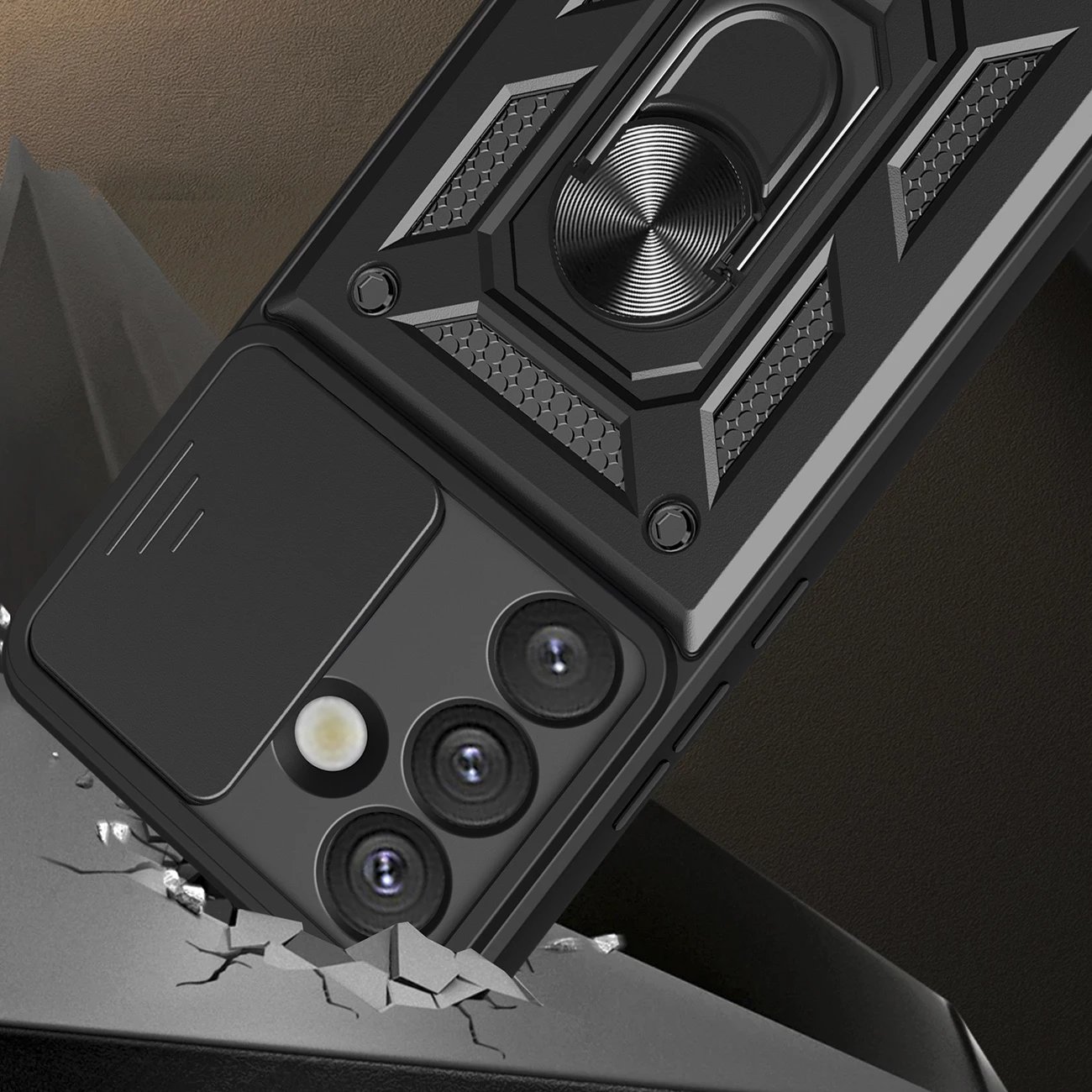 Mbështjellës Hurtel Hybrid Armor Camshield me kapak kamere dhe unazë metalike për Samsung Galaxy S25, Zi