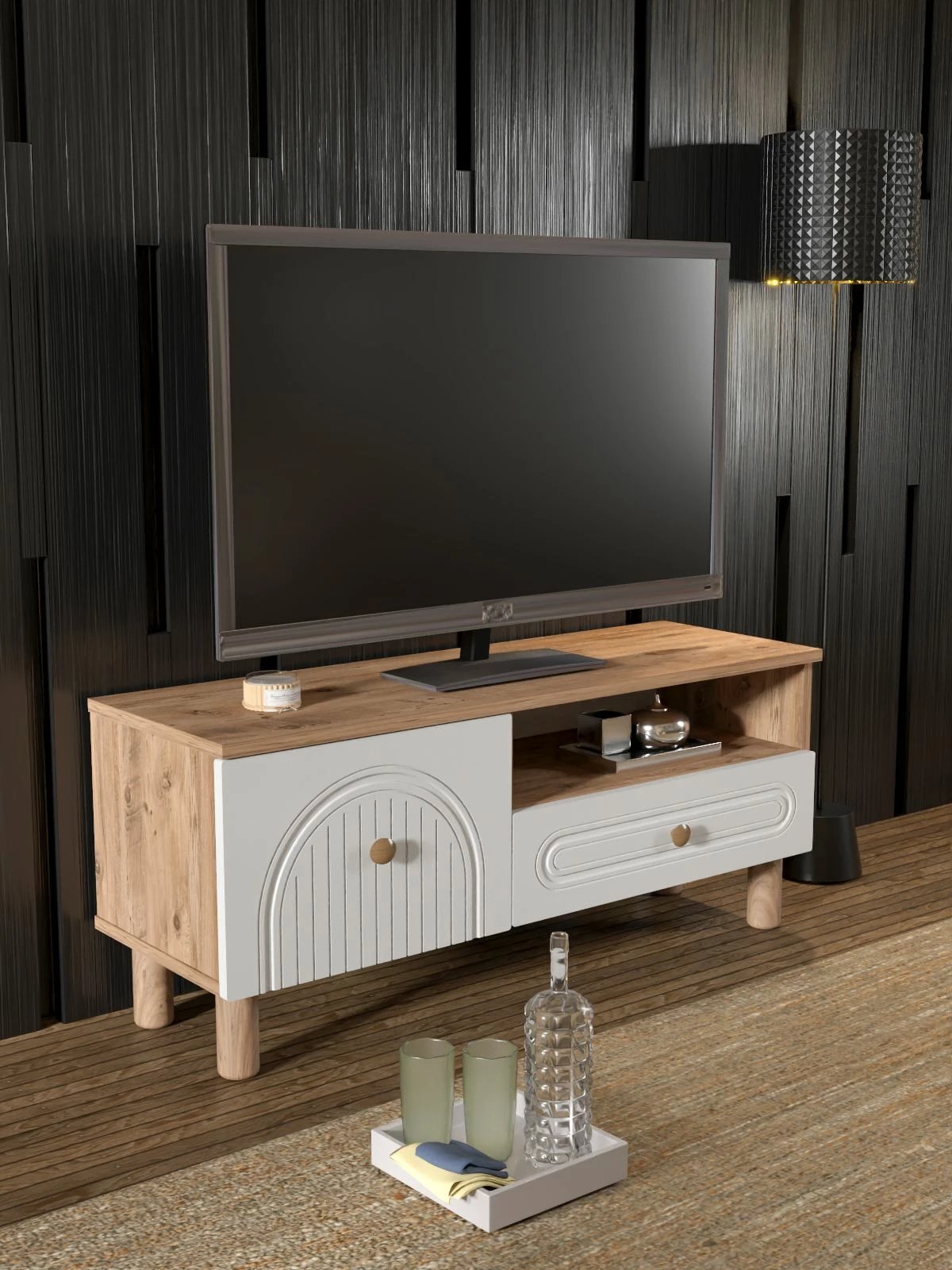 Komodë TV Skye Decor, Bellora 105, ngjyrë pishë Atlantike dhe e bardhë