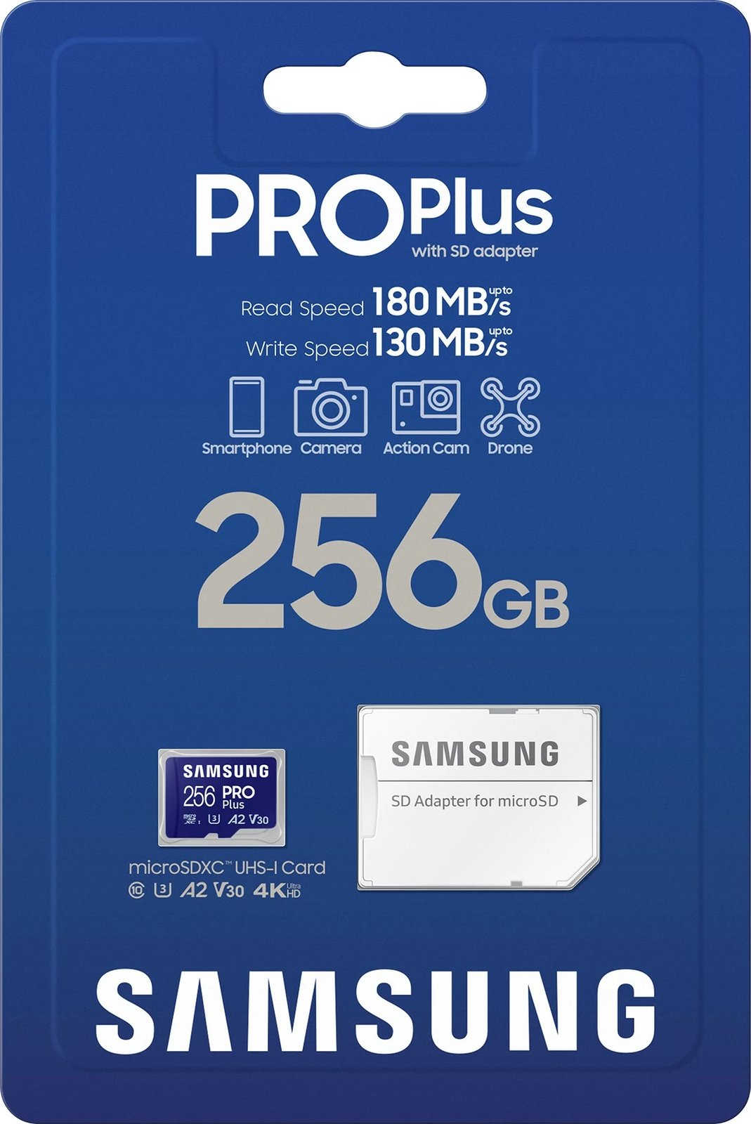 Kartelë MicroSD Samsung PRO Plus MB-MD256SA/EU, 256 GB, Klasë 3, UHS-I, 180 MB/s, 130 MB/s, Blu