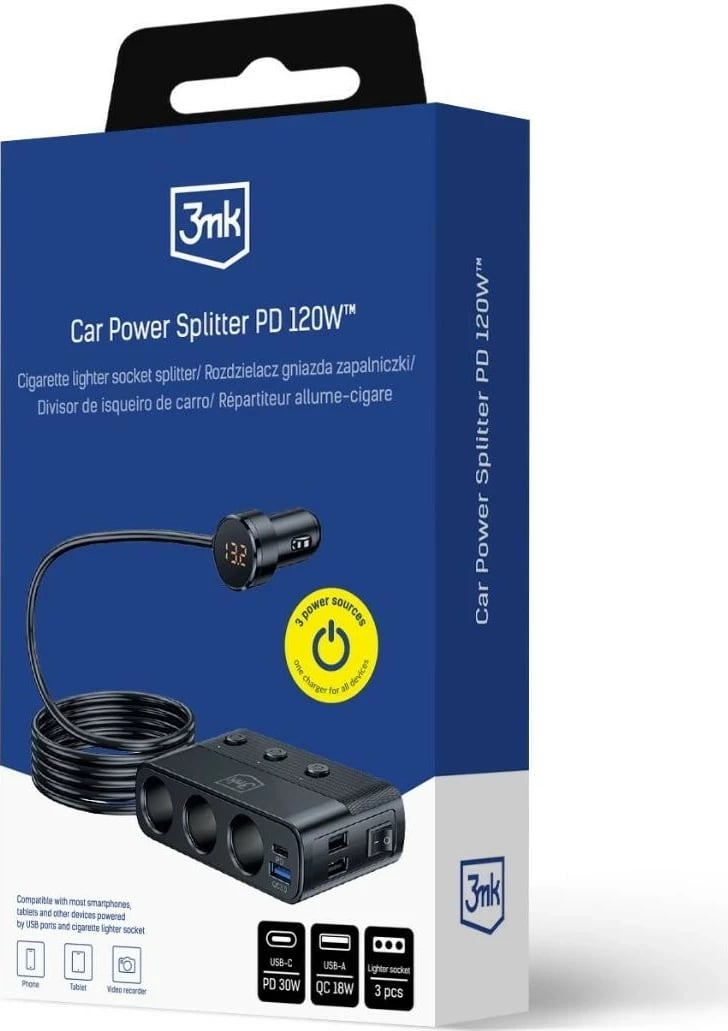 Ndarës energjie 3MK Power Splitter 120W, 2x USB 2.0, 1x USB-C, 1x USB 3.0, i zi