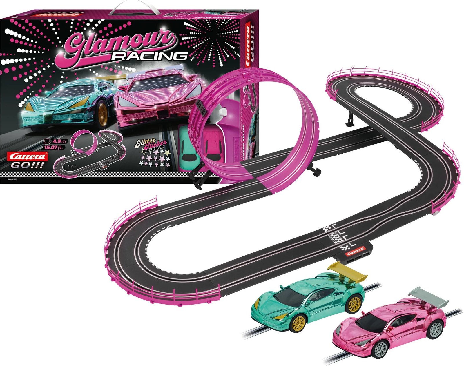 Set gare Carrera GO!!! Glamour Racing, 2 makina, pistë 4.9m, shumëngjyrësh