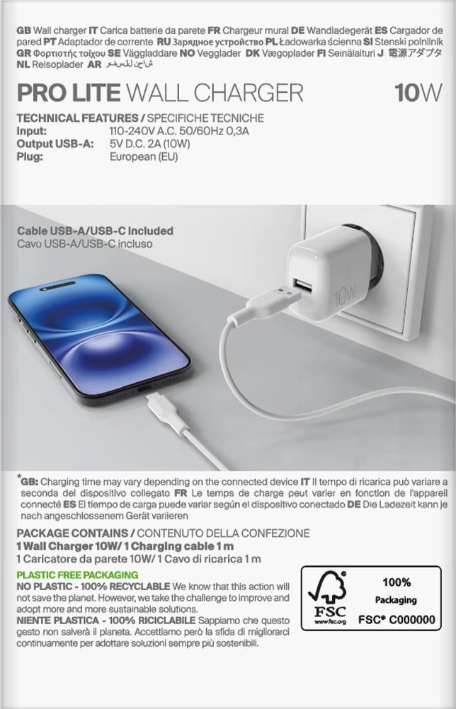 Karikues muri Puro PROLITE 10W me USB-A dhe kabllo USB-A në USB-C 1.2m, Bardhë