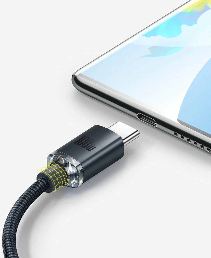 Kabllo për karikim të shpejtë Baseus Crystal Shine Series, USB-A në USB-C, 2m, 100W, e zezë