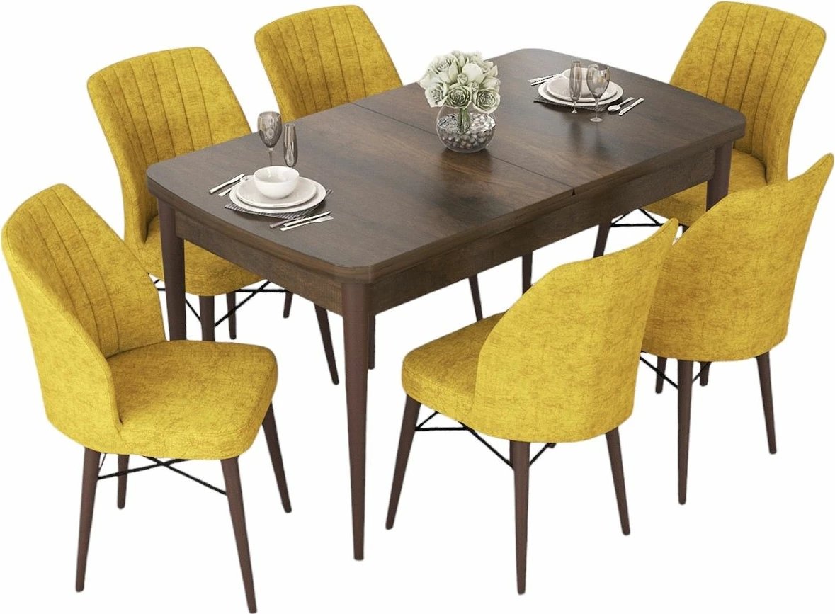 Tavolinë me karrige, zgjatshme, 7 copë, Skye Decor, ngjyrë barok dhe mustard