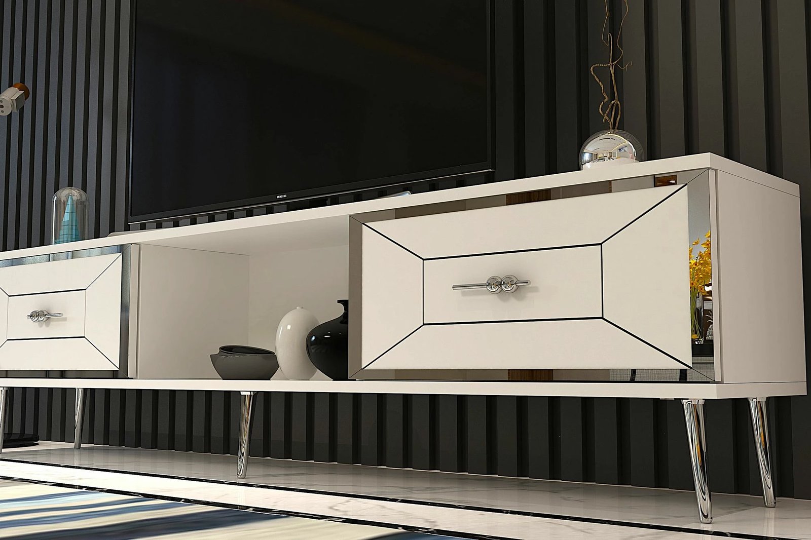 Komodë TV Skye Decor, Arno, e bardhë, argjend