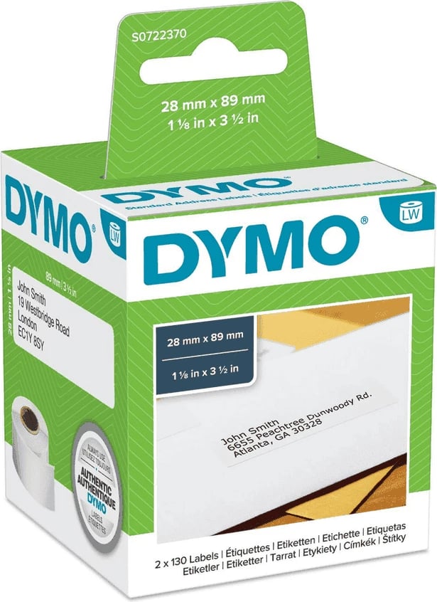 Etiketa vetëngjitëse, Dymo, S0722370 99010, 89x28 mm, paketë dyshe 2x130, e zezë në të bardhë
