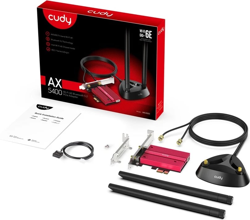 Kartë rrjeti WiFi Cudy WE4000, PCIe, AX5400, Bluetooth 5.2, me dy antena, e zezë