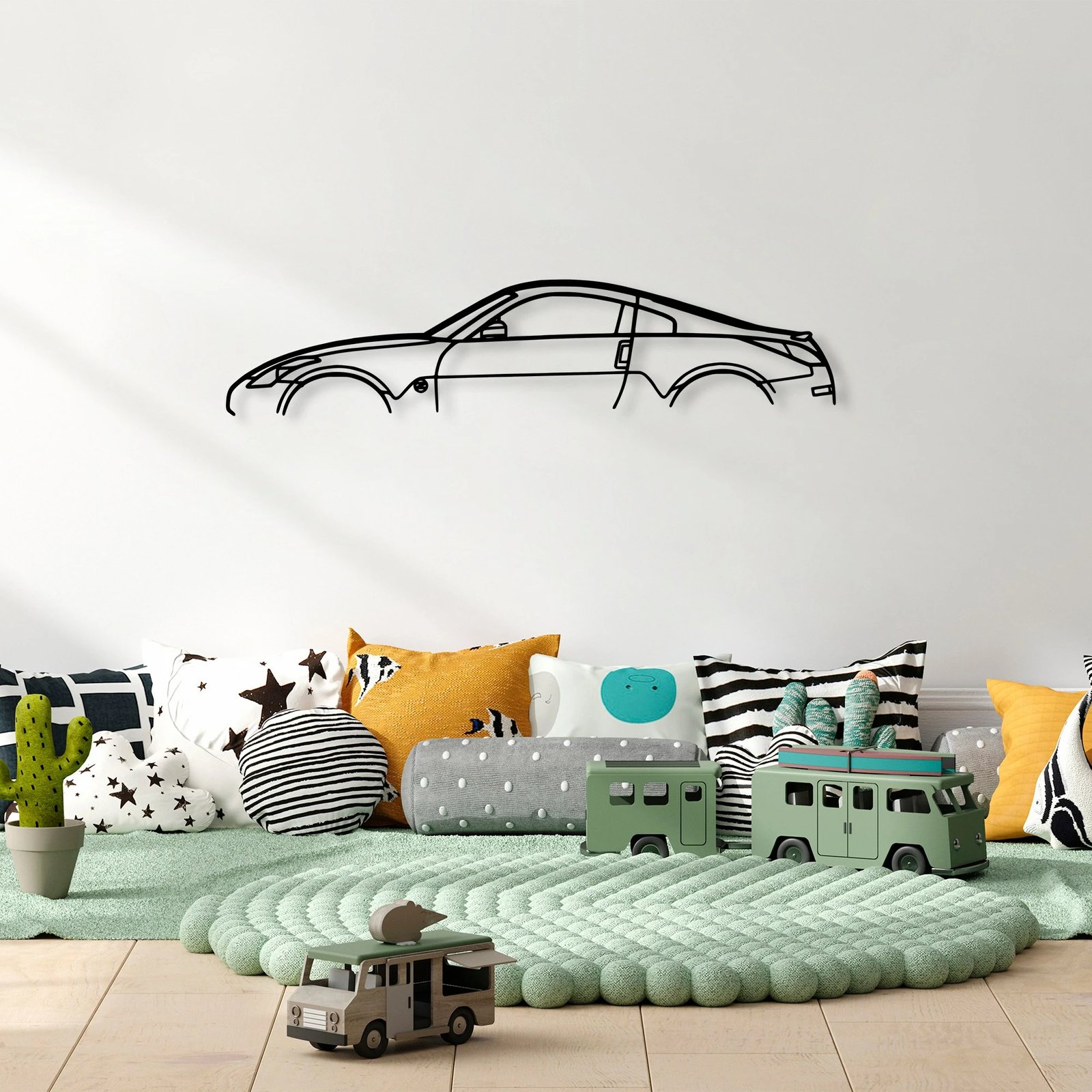 Aksesor dekorativ metalik për mur, silueta Nissan 350Z, ngjyrë e zezë, 70x15cm