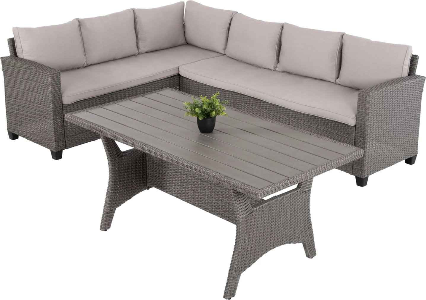 Set salloni për jashtë, kënd i djathtë, Carson, FH6078.01, ratan sintetik gri, jastëkë, dru PS