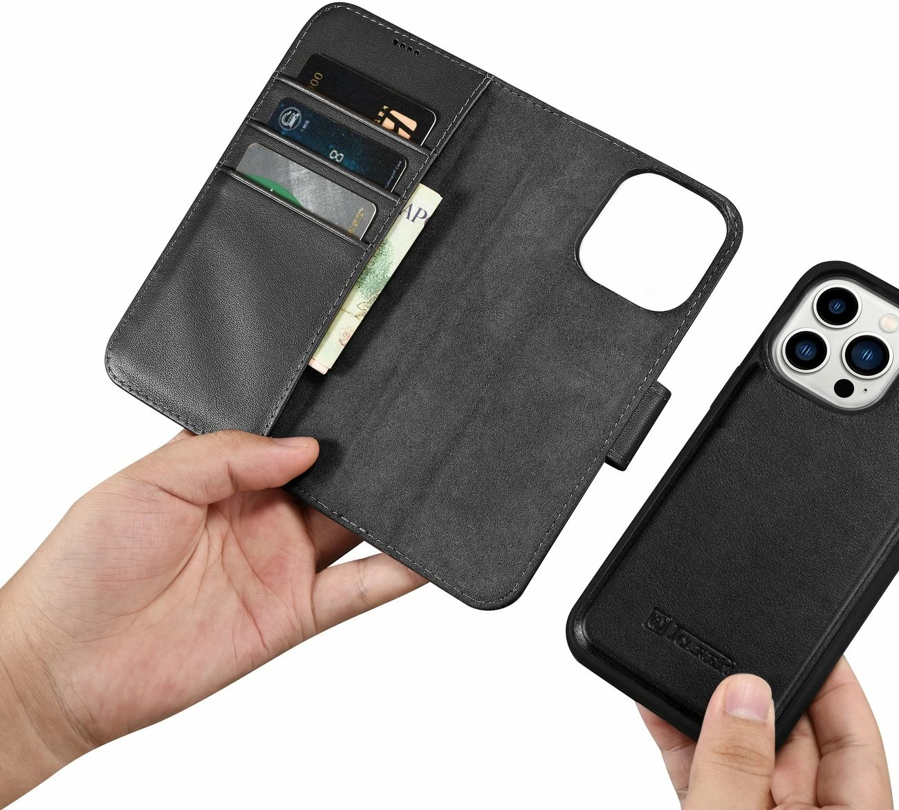 Mbështjellës iCarer Wallet Case 2in1 për iPhone 14 Pro, lëkurë natyrale, Anti-RFID, e zezë