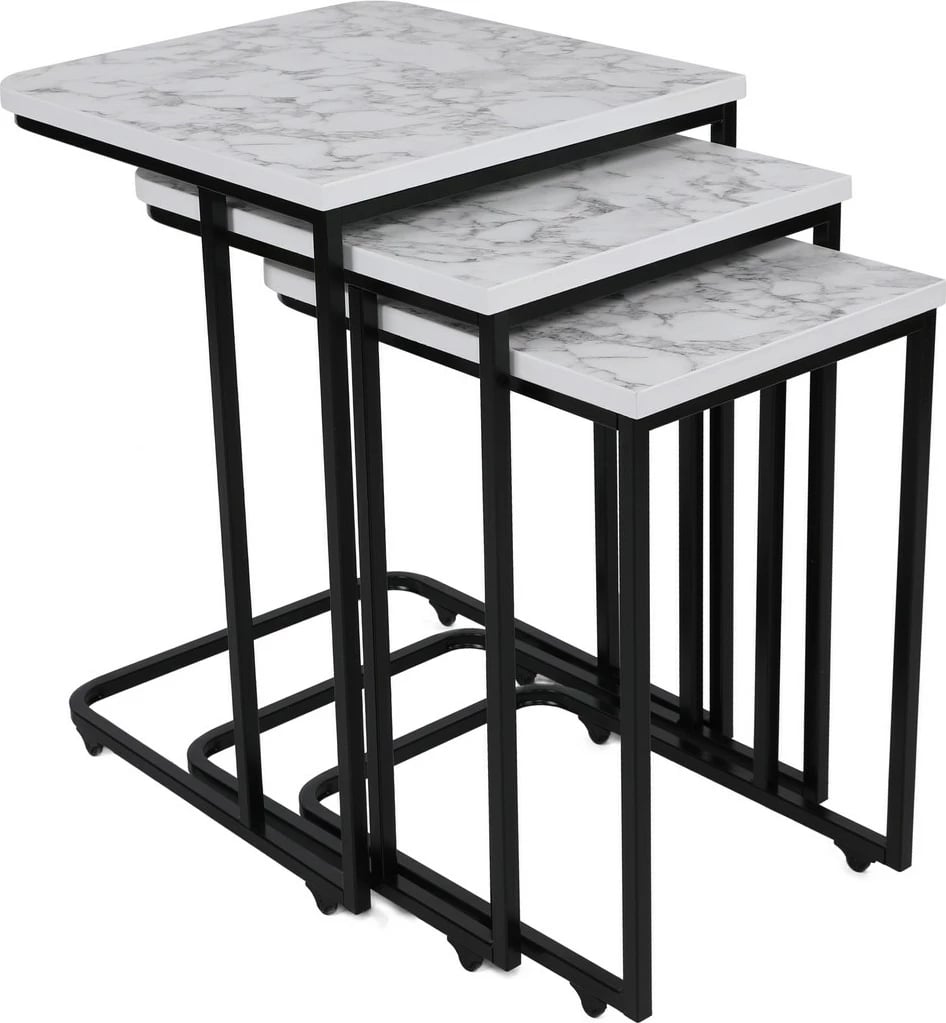 Set tavolinash ndihmëse të mbivendosura, 3 copë, Hanah Home, metal, sipërfaqe MDF, e bardhë/zezë, 9404