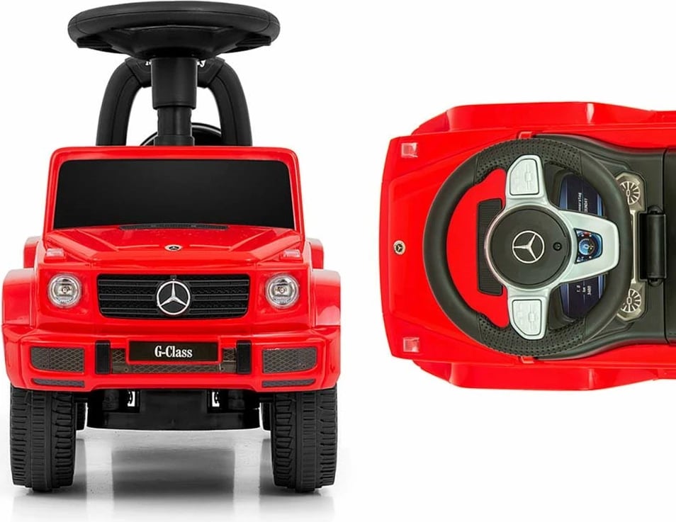 makinë lodër shtytëse për fëmijë, Milly Mally, Mercedes G350d, timon me tinguj, rrota para rrotulluese, sedilje me hapësirë, 12-36 muaj, 25 kg, e kuqe
