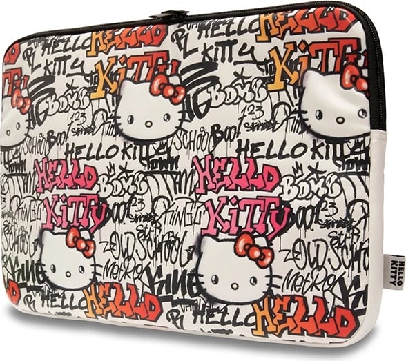 Mbështjellës laptopi Hello Kitty Zip PU Tags Graffiti, 14 inç, Bezhë
