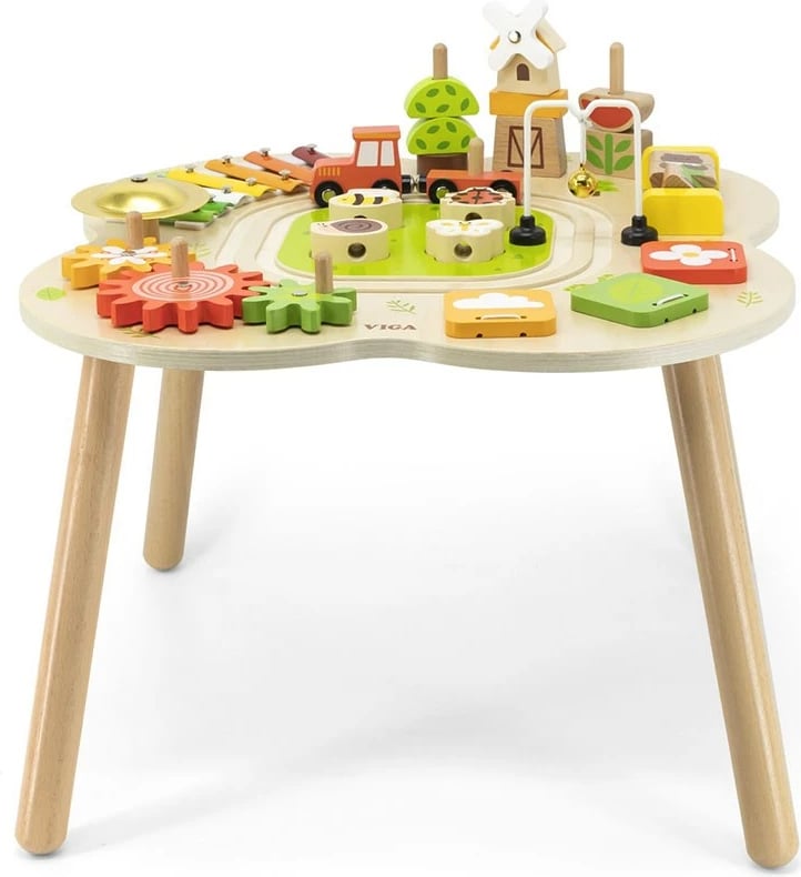 Tavolinë aktiviteti druri, Viga Farm, ah druri, për fëmijë 18m+, multingjyrëshe