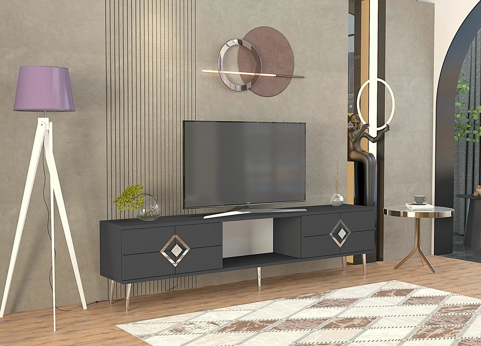 Komodë TV Skye Decor, ngjyrë antracit, argjendtë