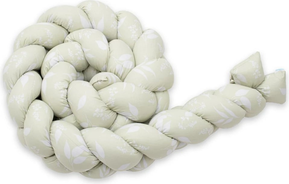 Mbrojtës i gërshetuar për krevat bebe, New Baby Leaves, 210x18x10 cm, pambuk 100% me mbushje anti-alergjike, me shirita fiksimi, jeshile