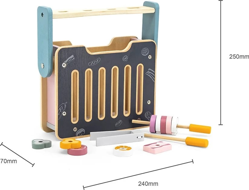 Mini kuzhinë druri, Viga, sobë palosëse me tigan e tenxhere, aksesorë lojë imagjinare 2+ vjeç, multikolor, set