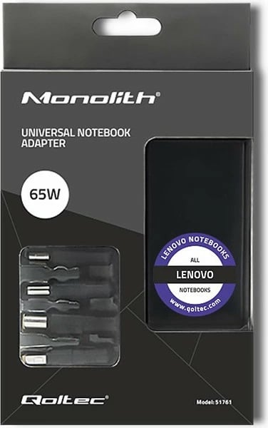 Kasë rryme Qoltec 51761 për Lenovo, 65W, 4 konektorë, me kabllo rryme, e zezë