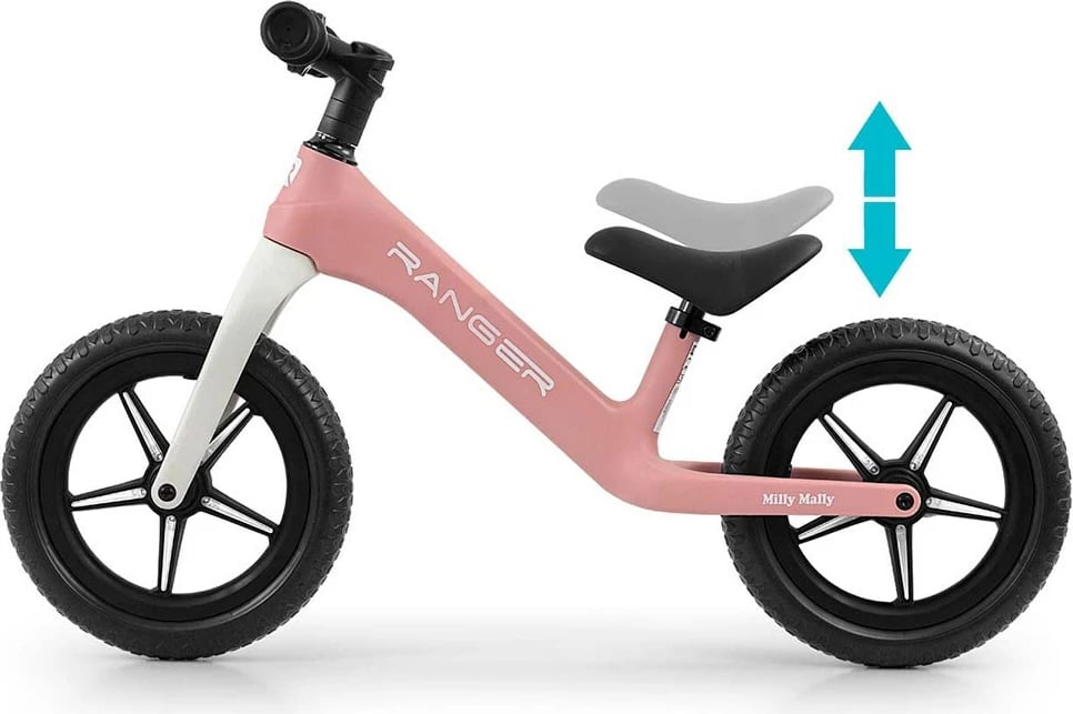 Biçikletë pa pedale për fëmijë, Milly Mally Ranger Flash, 12\" EVA, kornizë kompozite, rrota me LED, peshë 2.8 kg, rozë