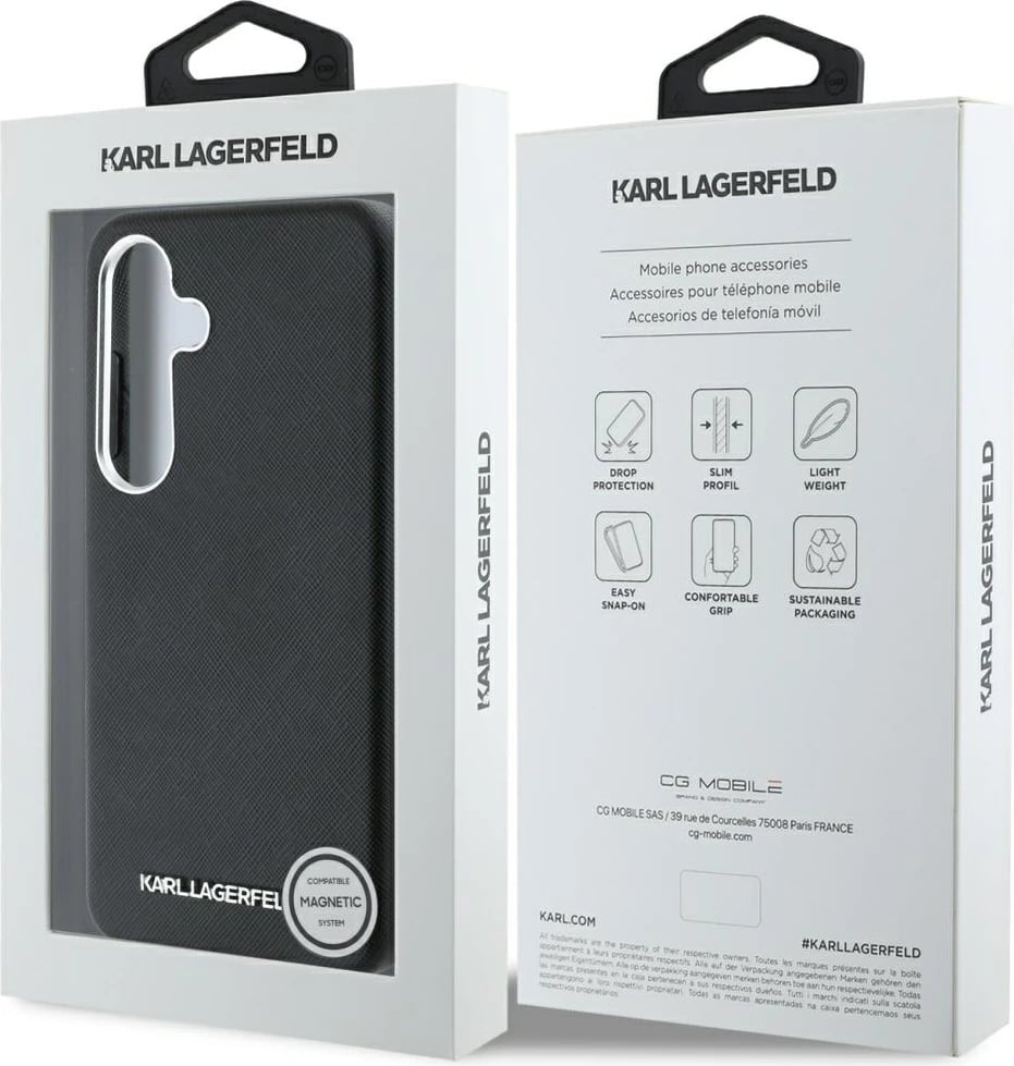 Mbështjellës Karl Lagerfeld Saffiano Full Wrapped Elongated Metal Logo MagSafe për Samsung Galaxy S25+, i zi