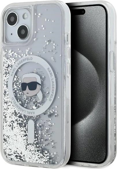 Mbështjellës Karl Lagerfeld Liquid Glitter Karl Head MagSafe për iPhone 15/14/13, Transparent