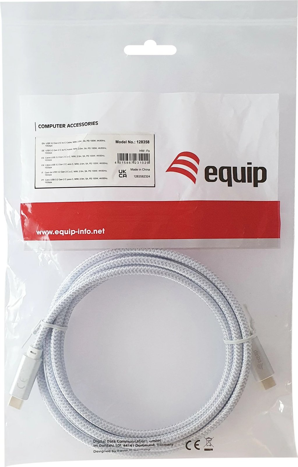 Kabllo USB-C Equip 3.2, 3m, 100W, e bardhë