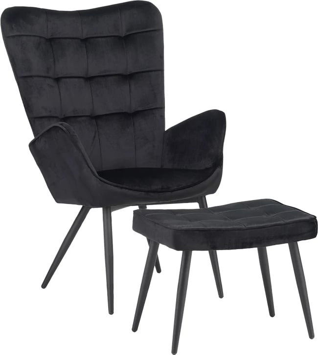 Fotel me stol Dorita, kadife e zezë, këmbë metalike të zeza, 68.5x76x103cm
