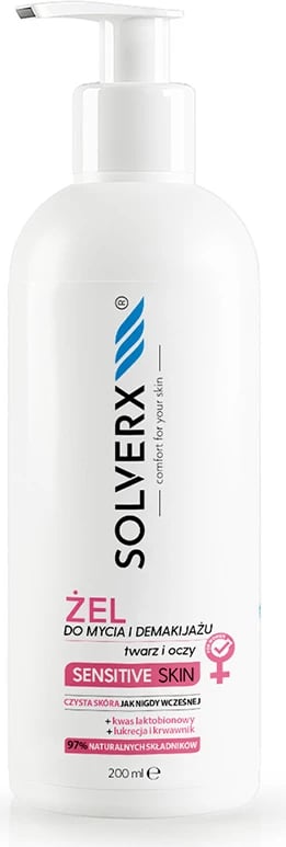 Xhel pastrues dhe heqës grimi për fytyrë SOLVERX Sensitive Skin për femra 200ml