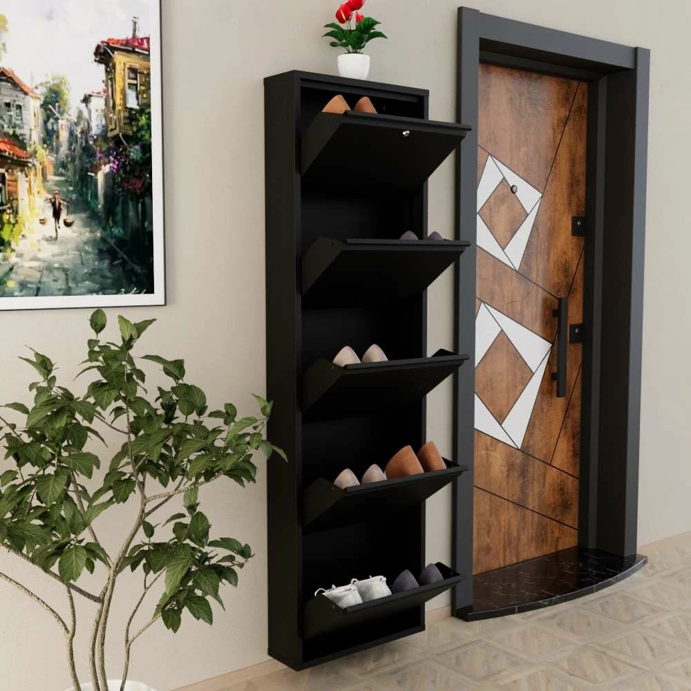 Dollap këpucësh Skye Decor, metal, 5 pjesë, ngjyrë e zezë, me kyç