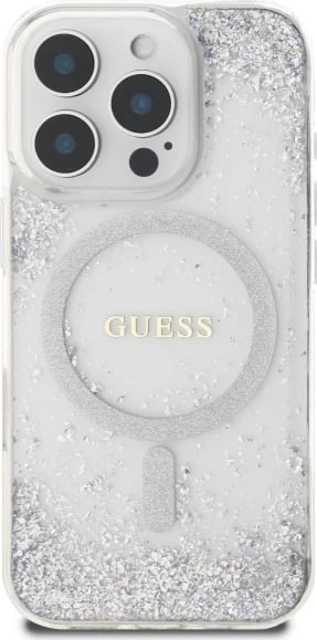 Mbështjellës Guess Resin Gradient Glitter MagSafe për iPhone 16 Pro, argjendtë