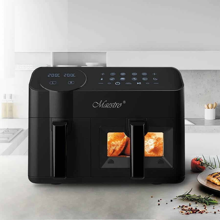 Fritezë me ajër e dyfishtë, Feel-Maestro, MR-760, 9.5L (3.5L+6L), 2400W, 8 programe, ekran LCD, e zezë