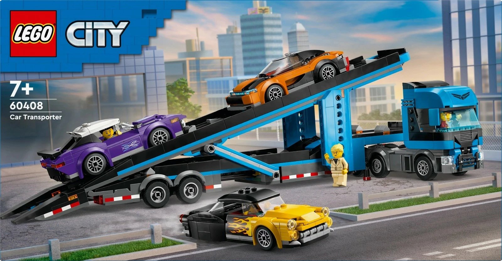 Set lodrash LEGO City 60408, kamion transportues me platformë dhe 3 makina sportive, 998 pjesë