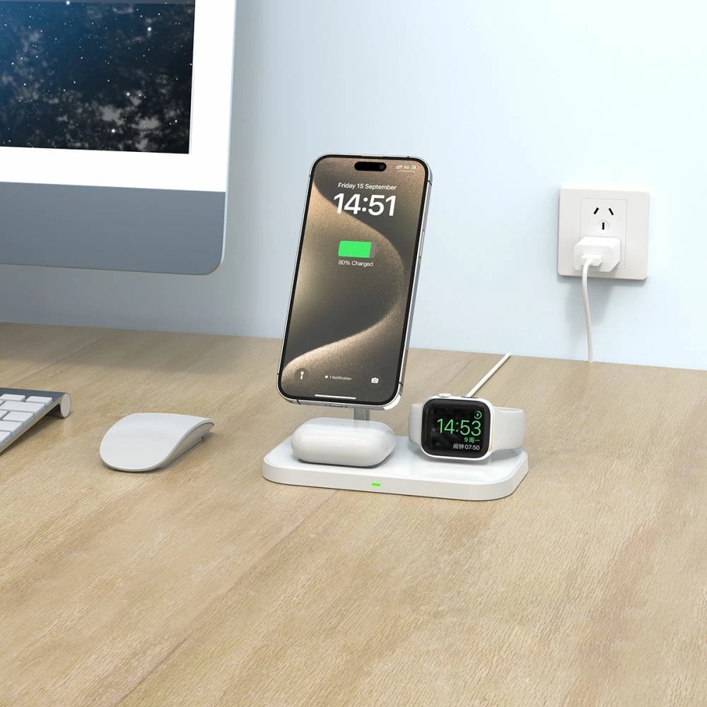 Karikues induktiv 3-në-1 Tech-Protect QI15W-A22 me MagSafe, për smartphone, Apple Watch dhe AirPods, Bardhë