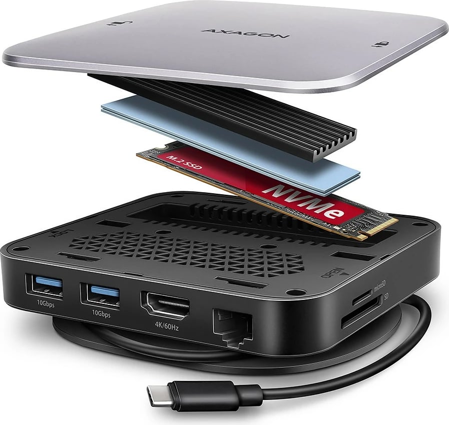 Hub multiport AXAGON HMC-UFO, 9-në-1, 10Gbps, 2x USB-A, HDMI 4K/60Hz, M.2 NVMe/SATA, audio, PD 100W, SD/microSD, GLAN, kabllo USB-C 65cm, zi/argjendtë