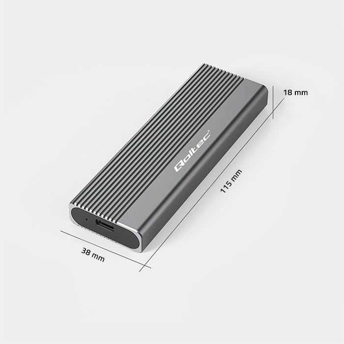Kasë Qoltec 52267 për SSD M.2 SATA/NGFF, USB-C, 2TB, Gri
