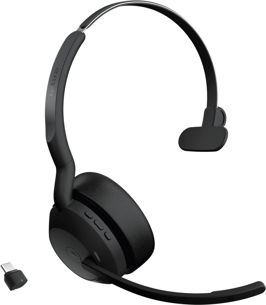 Headset, Jabra, 25599-899-899, mono on-ear, pa tela me mikrofon boom, me dongle USB-C, e zezë