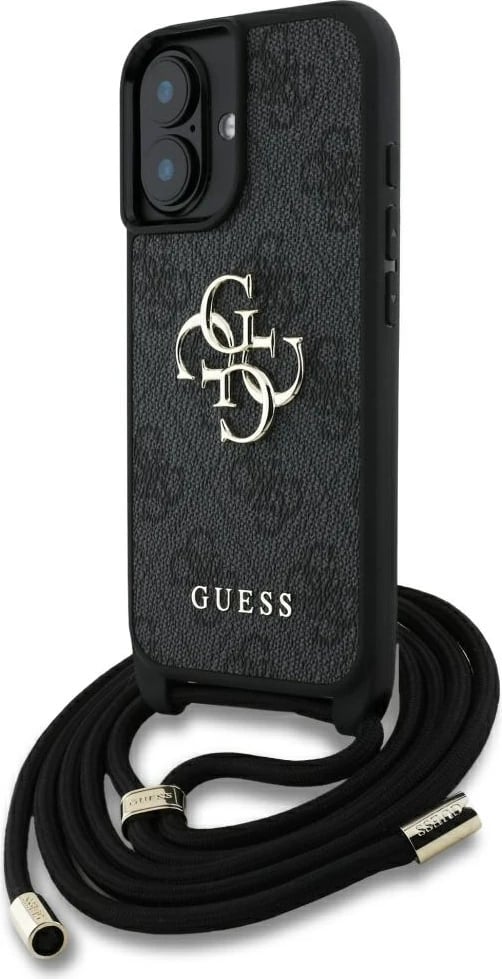Mbështjellës Guess 4G Big Logo Cord Stap Crossbody për iPhone 16 Plus, i zi